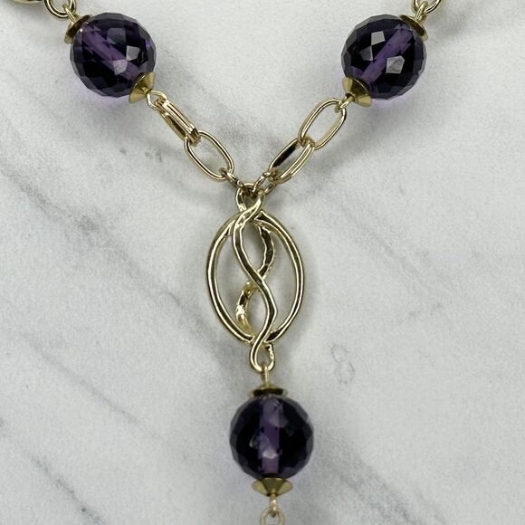Chico's Gold Tone Purple Beaded Y-Drop Linear Pendant Necklace ✨ - Picture 6 of 10